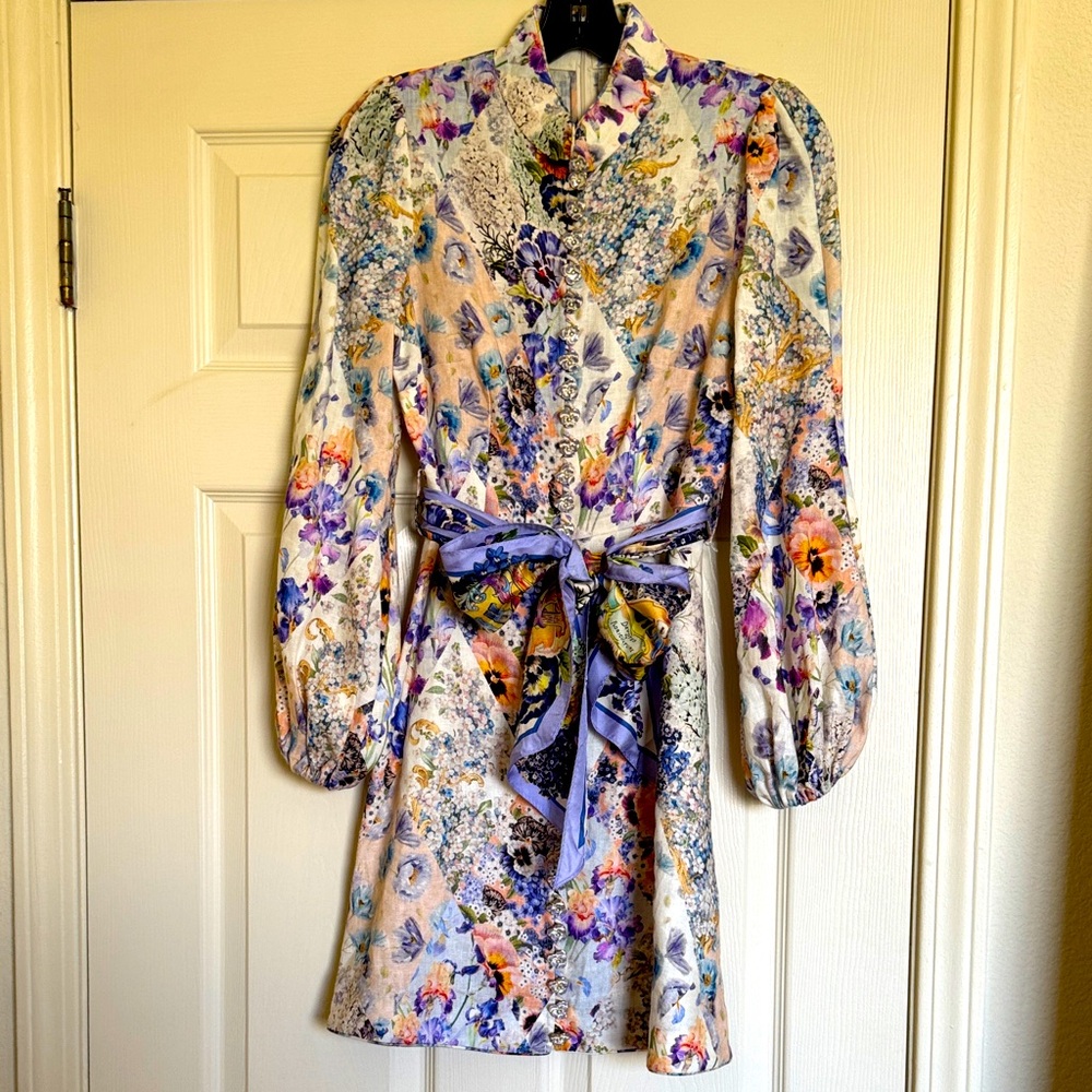 Dream Zimmermann Tama Floral Pansy Print Linen Dress 0/ XS
